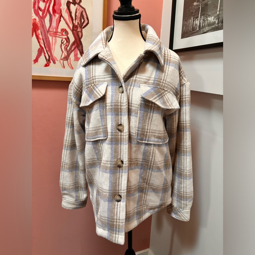 Garage jacket/shirt size small, cream plaid with light blue and tan